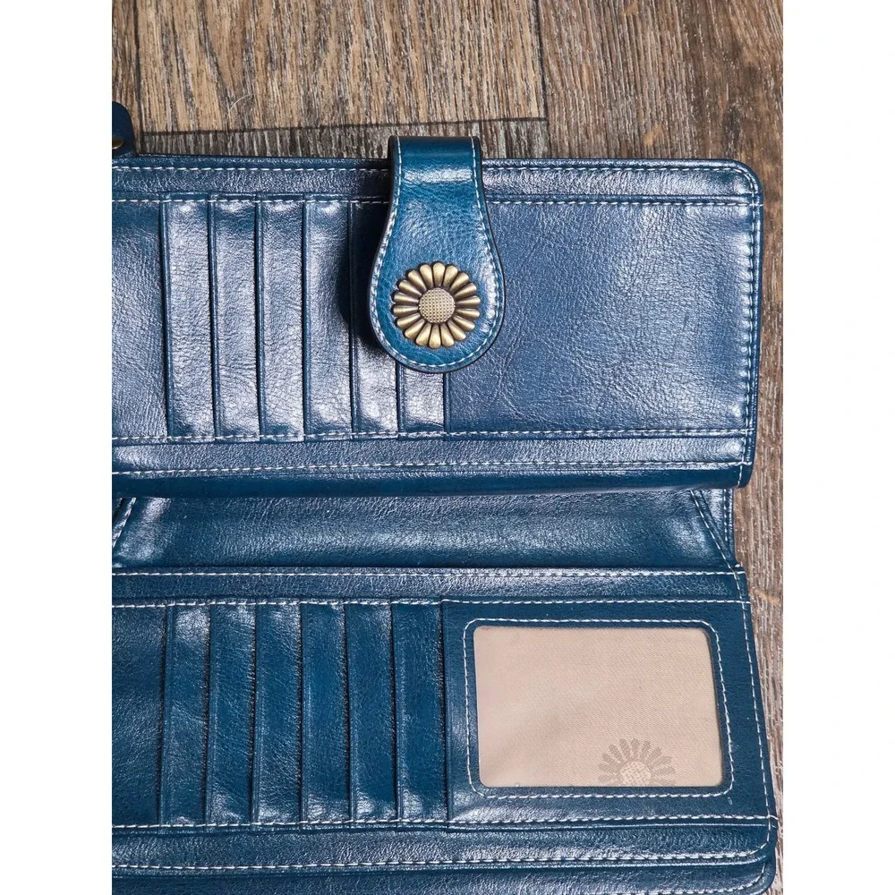 Boho Teal Blue Faux Leather Sunflower Bifold Wallet with Zip Pocket